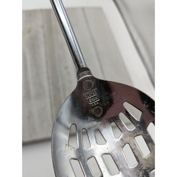 Vintage Ekco Chromium Plated Slotted Serving Spoon Wood Handle 12" - Picture 7 of 8